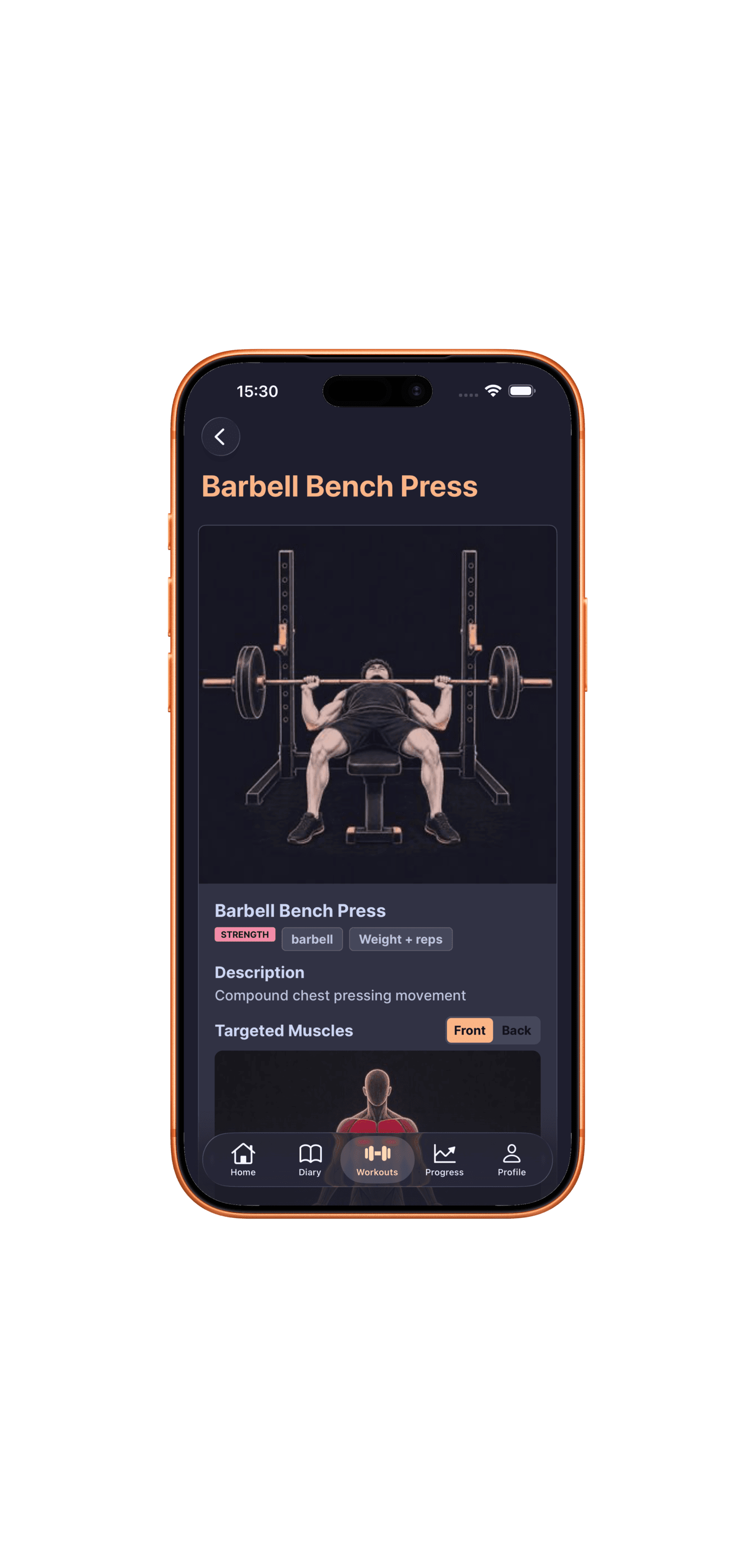 DailyGoal exercise detail page with image, equipment, tracking style, target muscles, and instructions.