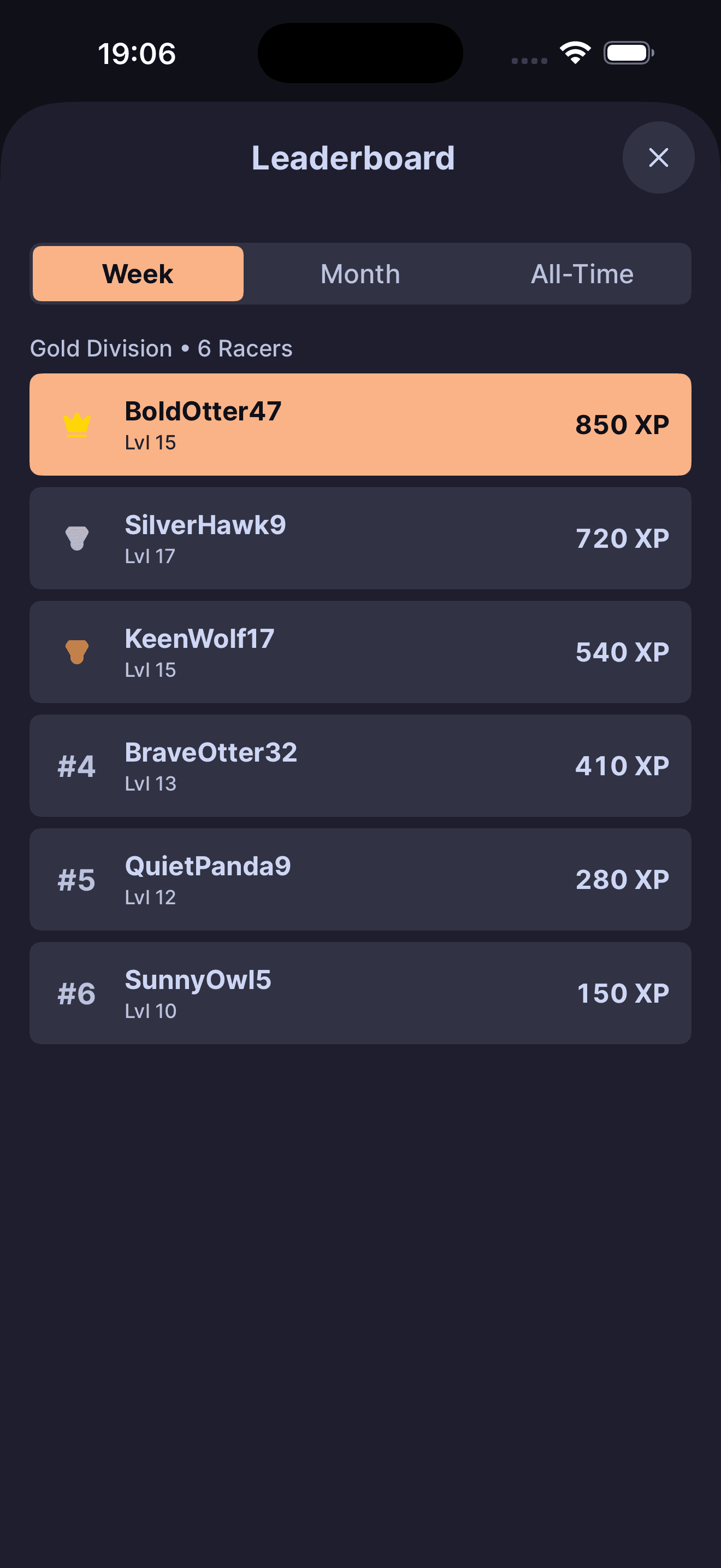DailyGoal leaderboard pinned to the Week tab with the seeded user inside the gold division bucket.