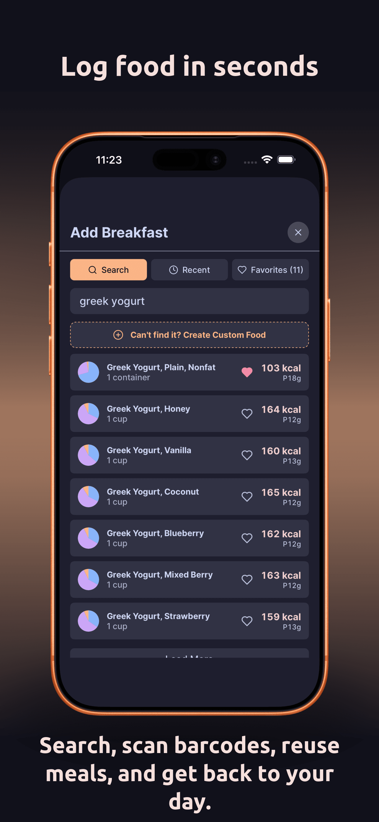 DailyGoal diary App Store screenshot. Log food in seconds. Search, scan barcodes, reuse meals, and get back to your day.