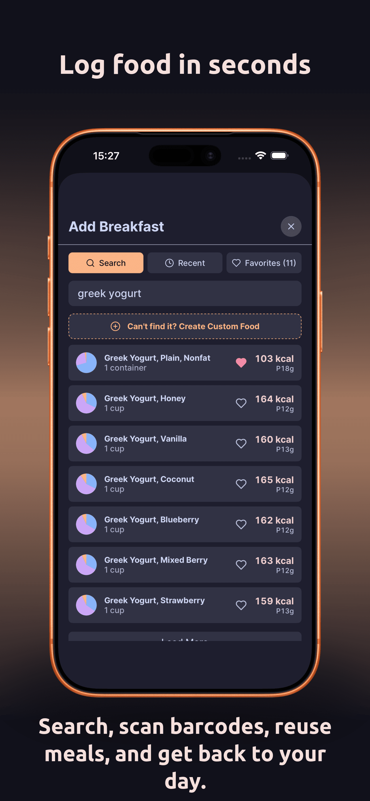 DailyGoal diary App Store screenshot. Log food in seconds. Search, scan barcodes, reuse meals, and get back to your day.
