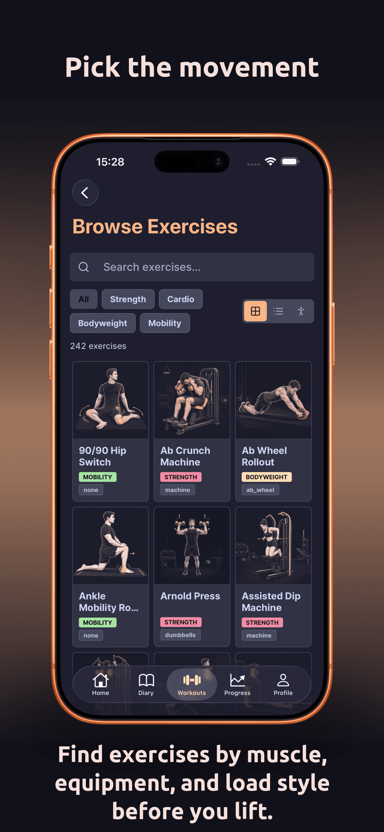 DailyGoal exercise library App Store screenshot. Pick the movement. Find exercises by muscle, equipment, and load style before you lift.