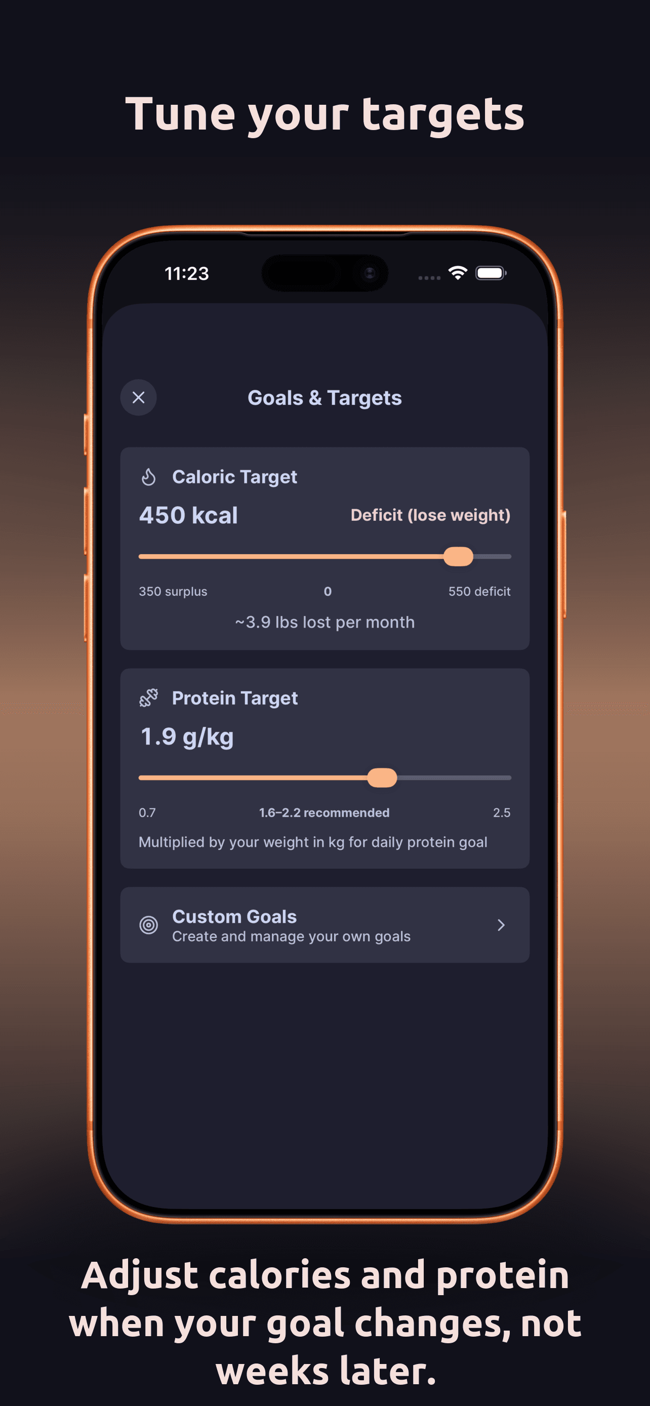 DailyGoal goal settings App Store screenshot. Tune your targets. Adjust calories and protein when your goal changes, not weeks later.