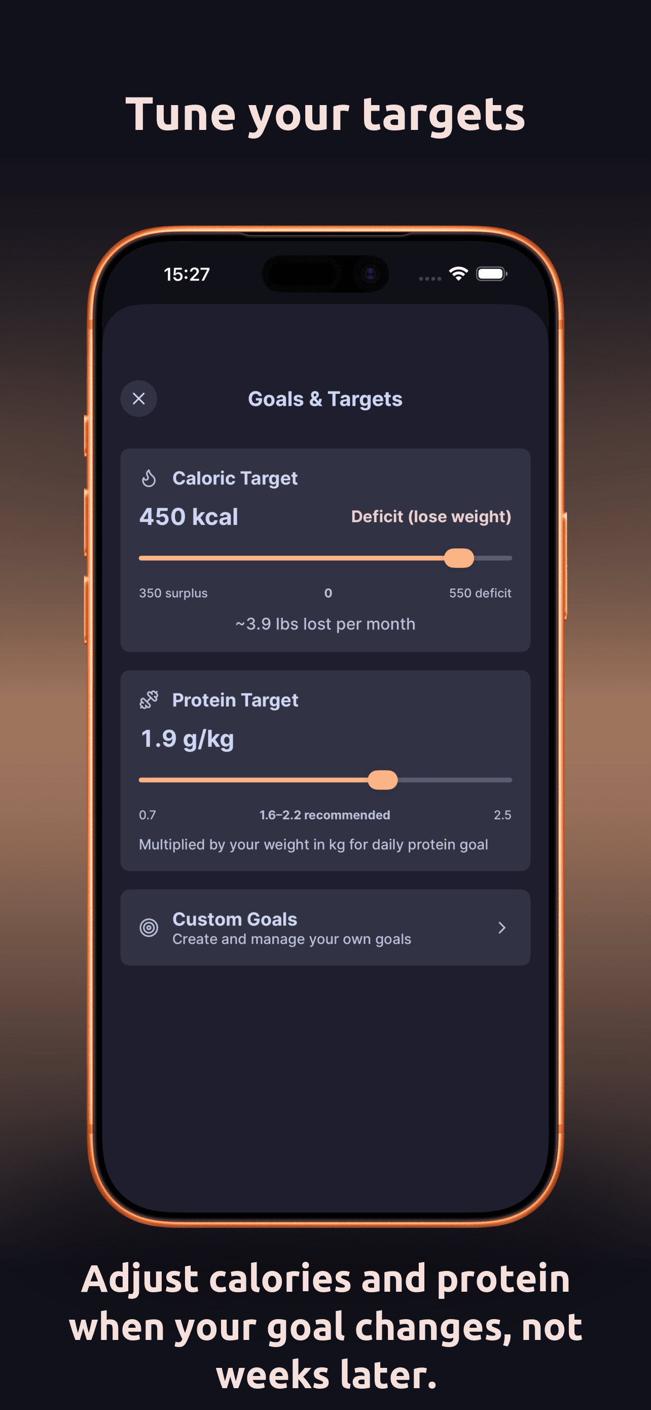 DailyGoal goal settings App Store screenshot. Tune your targets. Adjust calories and protein when your goal changes, not weeks later.