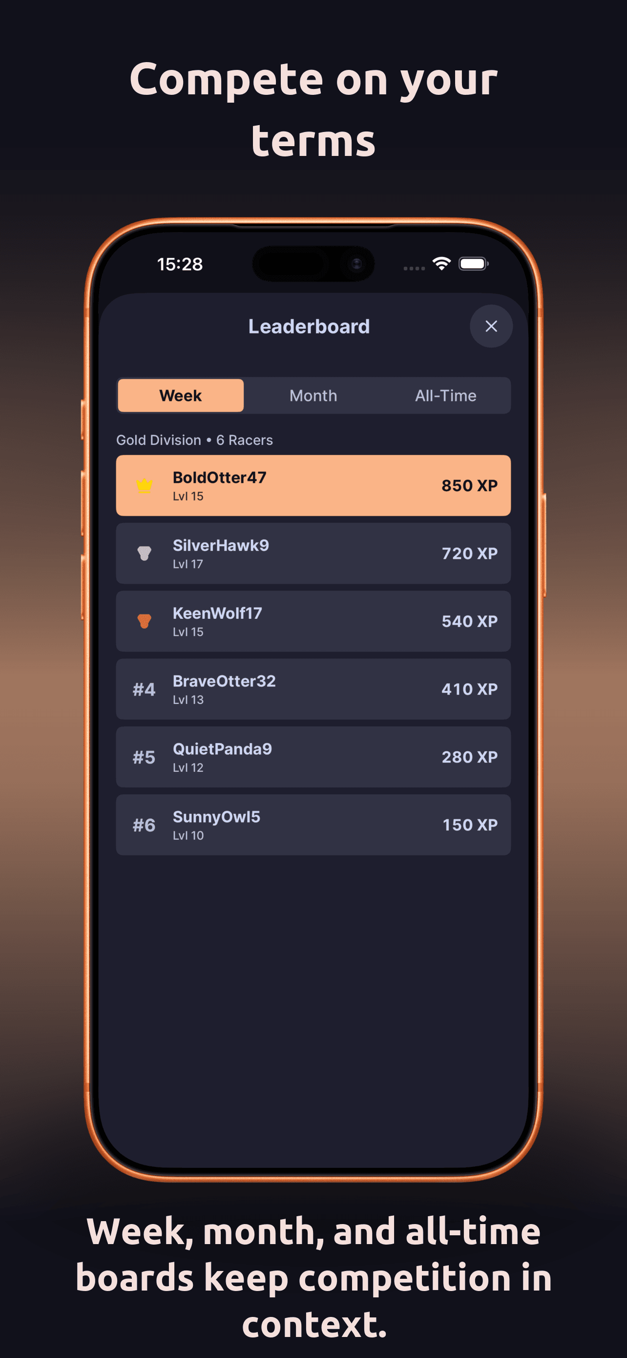 DailyGoal leaderboard tabs App Store screenshot. Compete on your terms. Week, month, and all-time boards keep competition in context.