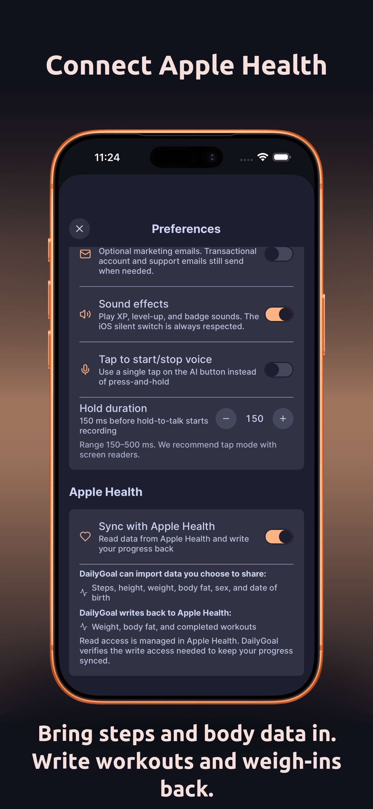 DailyGoal preferences App Store screenshot. Connect Apple Health. Bring steps and body data in. Write workouts and weigh-ins back.