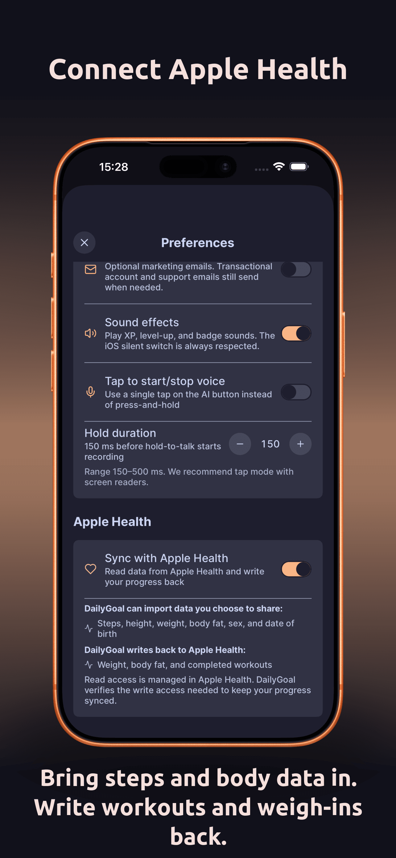 DailyGoal preferences App Store screenshot. Connect Apple Health. Bring steps and body data in. Write workouts and weigh-ins back.