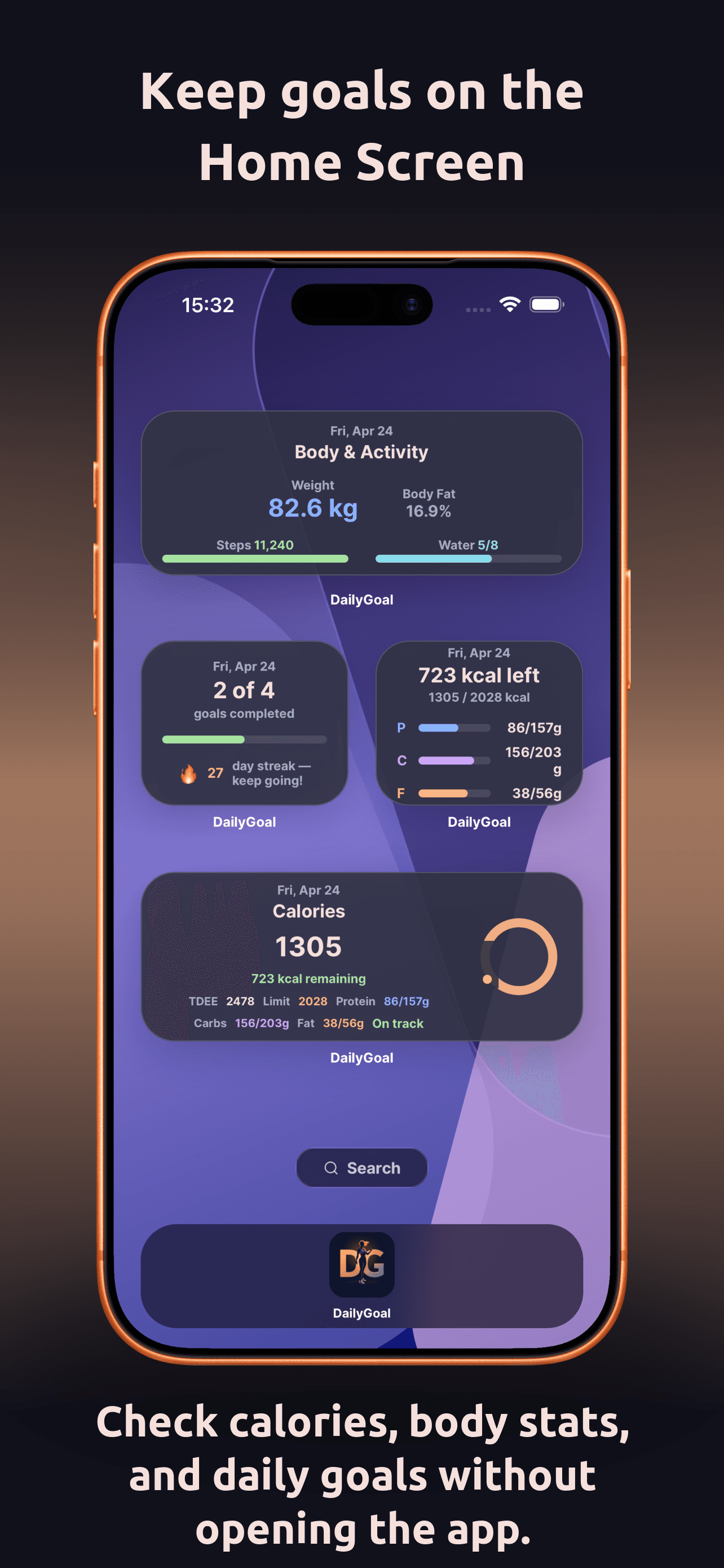 DailyGoal widgets home App Store screenshot. Keep goals on the Home Screen. Check calories, body stats, and daily goals without opening the app.