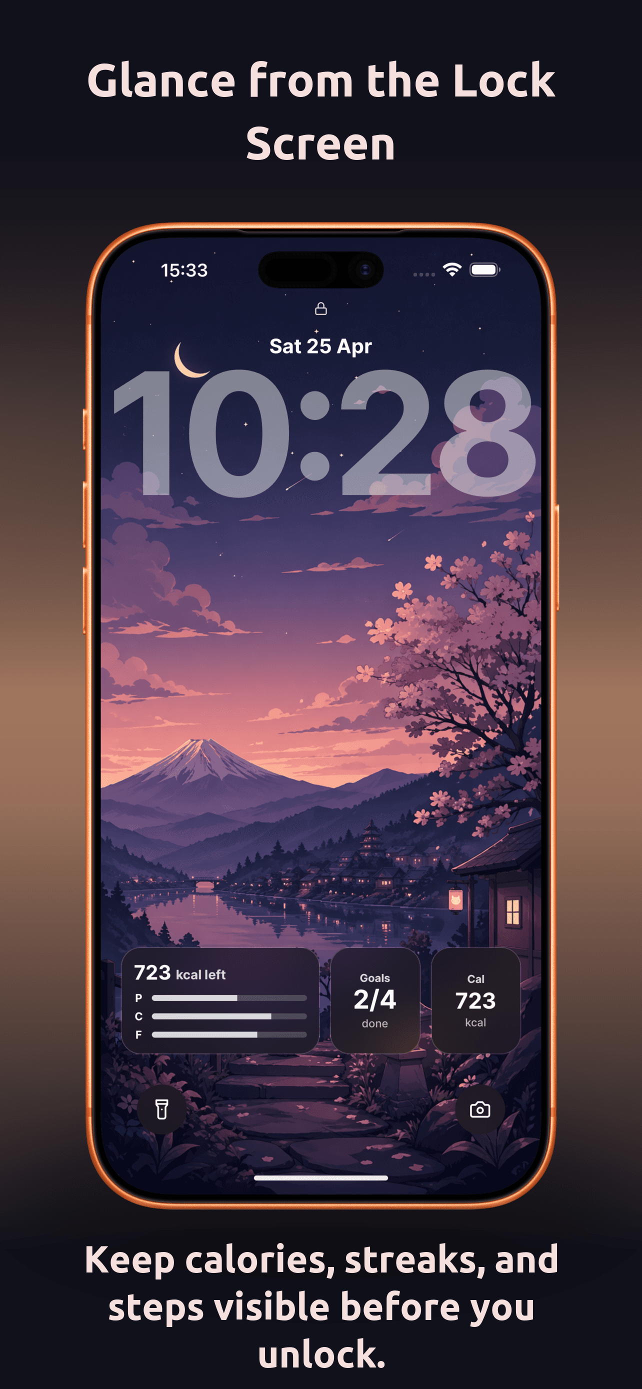 DailyGoal widgets lock App Store screenshot. Glance from the Lock Screen. Keep calories, streaks, and steps visible before you unlock.