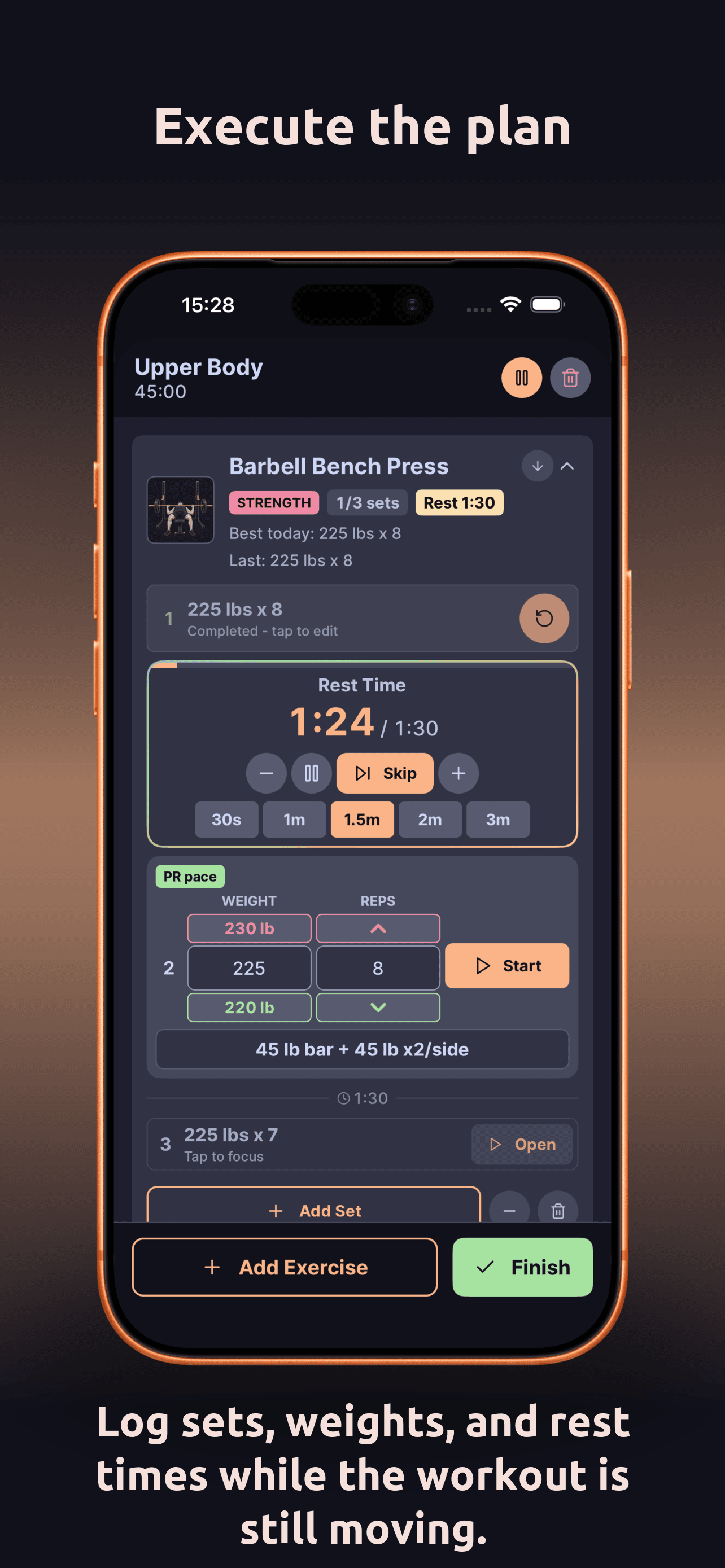 DailyGoal workouts App Store screenshot. Execute the plan. Log sets, weights, and rest times while the workout is still moving.